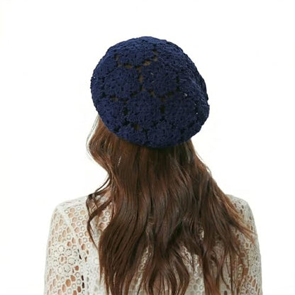 ZLYC Women Cotton Slouchy Crochet Beret Handmade Cutout Floral Beanie Hat - color: Floral Blue