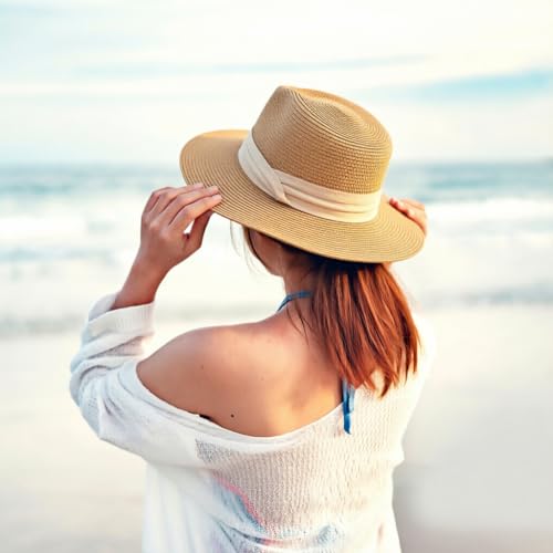 DRESHOW Women Straw Panama Hat Travel Fedora Beach Sun Hat Summer Wide Brim Straw Roll up Hat UPF 50+ - color: Panama Straw Hat: Khaki (Beige Ribbon)