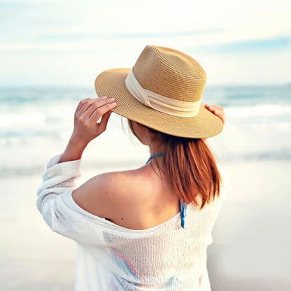 DRESHOW Women Straw Panama Hat Travel Fedora Beach Sun Hat Summer Wide Brim Straw Roll up Hat UPF 50+ - color: Panama Straw Hat: Khaki (Beige Ribbon)