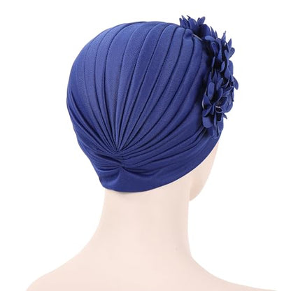 Flower Pre-Tied Turban Beanie, Soft Chemo Cap for Women Cancer Hair Loss - color: Blue