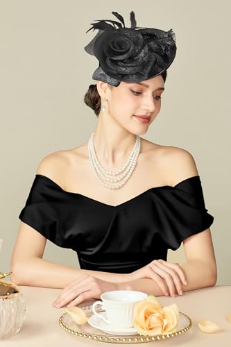 BABEYOND Fascinators Hats for Women Tea Party Mesh Flower Pillbox Derby Hat - color: Black