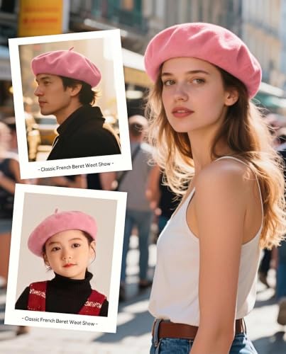 Wool French Beret Hats for Women Classic Winter Beanie Cap - color: Pink