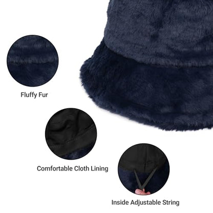 Umeepar Winter Faux Fur Fuzzy Bucket Hat Fluffy Warm Hat for Women Men - color: Plain Dark Blue