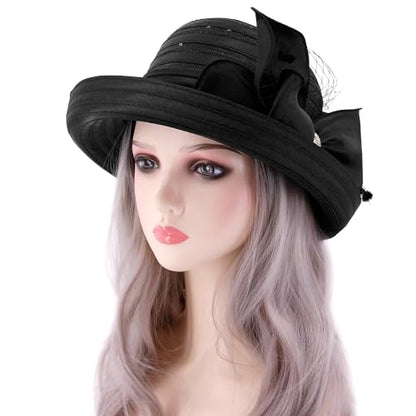 Haoohu Women's Church Derby Hat Wide Brim Bow Bucket Hat Wedding Dress Hat Fascinator Bridal Tea Party Hat - color: Rb Black