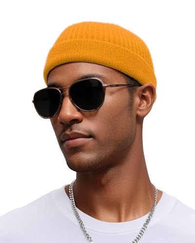 vidsel Thin Wool Fisherman Beanie for Men Short Knit Cuff Trawler Watch Hat - color: 1pcs-yellow