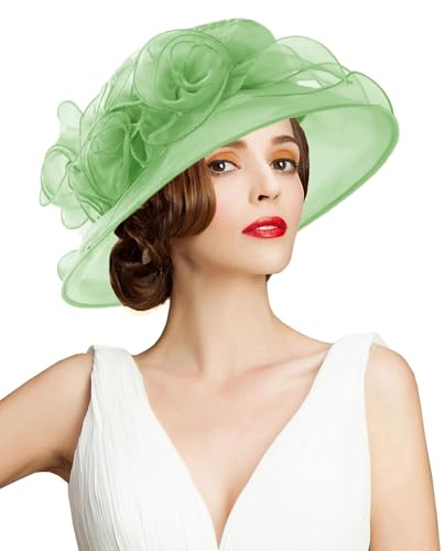 Women's Kentucky Derby Church Dress Hat Wide Brim Leaf Flower Bridal Shower Hat - color: A11-mint Green
