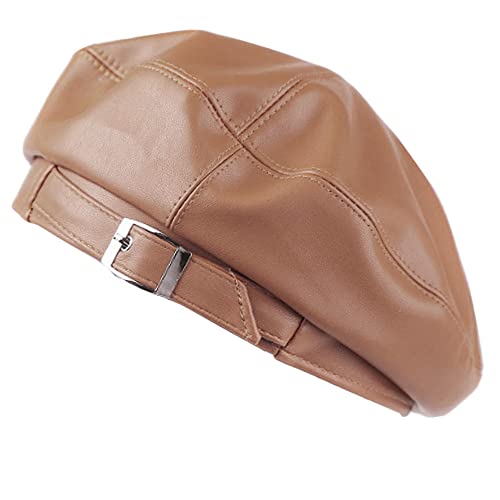 Women Buckle Spring Fall Winter Faux Leather Beret Classic British Style Hat - color: Yellow