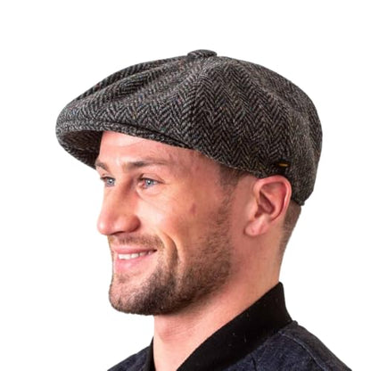 Hatman of Ireland Men's Donegal Tweed 8 Piece Cap Irish Newsboy Hat, Made in Ireland - color: Charcoal, size: X-Large