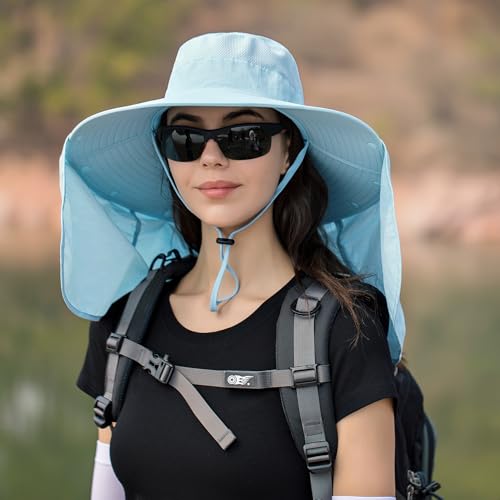 HUAMULAN Women Men Wide Brim Sun Hat Hiking Fishing Hats with Neck Flap - color: Blue With Mesh Panel