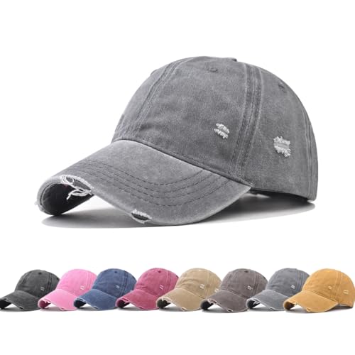 YuMENo Distressed Baseball Cap for Women Men Vintage Washed Cotton Low Profile Adjustable Dad Hats - color: Grey