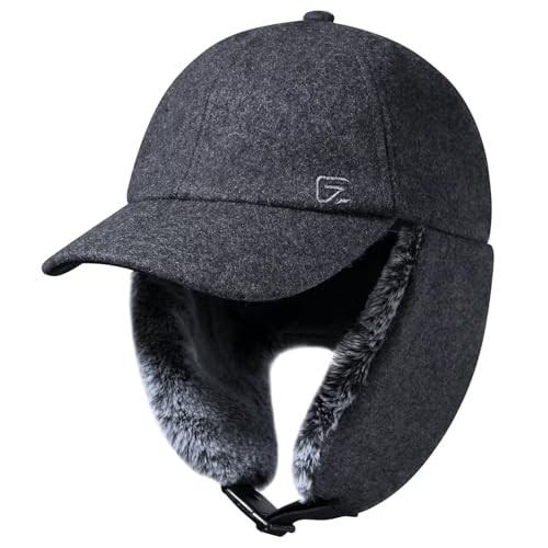 GADIEMKENSD Unisex Winter Wool Baseball Cap with Faux Fur Lined Ear Flaps, Trapper Hat with Reflective Line - color: Grey