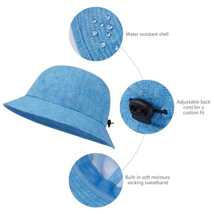 BASSDASH UPF50+ Fishing Bucket Hat for Men Women Lightweight Water Resistant Packable Outdoor Summer Sun Hats FH13 - color: Light Blue Denim Print