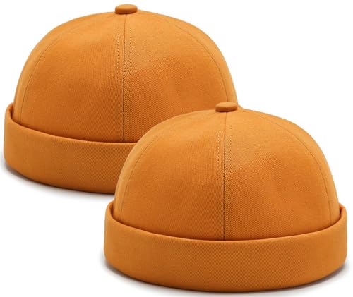 2 Pcs Mens Brimless Docker Cap Set - Retro Worker Sailor Skull Cap Beanie with Rolled Cuff - color: Yellow