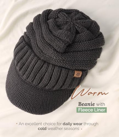 Women Men Winter Beanie Hat with Visor, Warm Fleece Lined Beanie Cap, Thick Knit Cap Slouchy Hat with Brim - color: Charcoal Grey