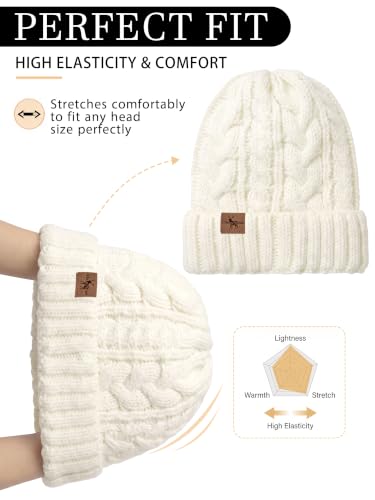 Winter Hats for Women Cable Knit Chunky Skull Cap Fleece Lined Thick Fold Cuff Beanie hat - color: White, style: Wheat Spike