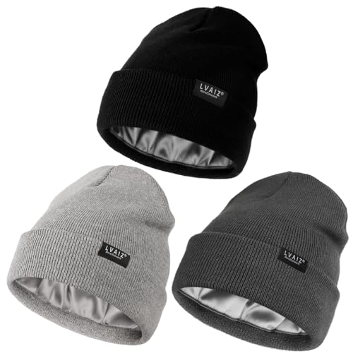 3 Pack Satin Lined Beanies for Men and Women Silk Warm Cuffed Winter Hats - color: Black+dark Grey+light Grey