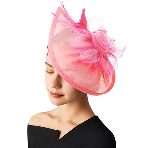 AQOKKA Women Fascinators Hats Flower Fascinators with Headband and Clip Tea Party Headwear for Women and Girls - color: Feather Flower: Pink