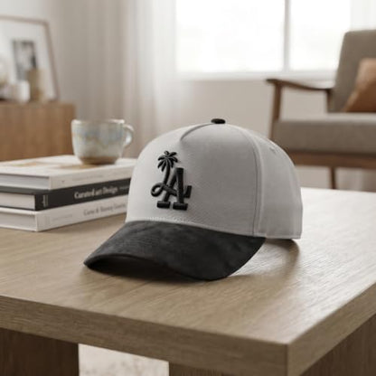 LA Palm Tree Baseball - Premium A-Frame Snapback One Size Fits All Men's and Women's Hat Adjustable Cotton Suede - color: Off White With Black
