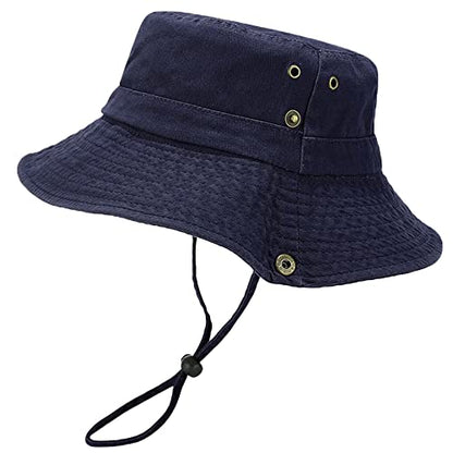 Unisex Cotton Boonie Hat Summer Fishing Bucket Hat Sun Hat with String - color: Solid Dark Blue