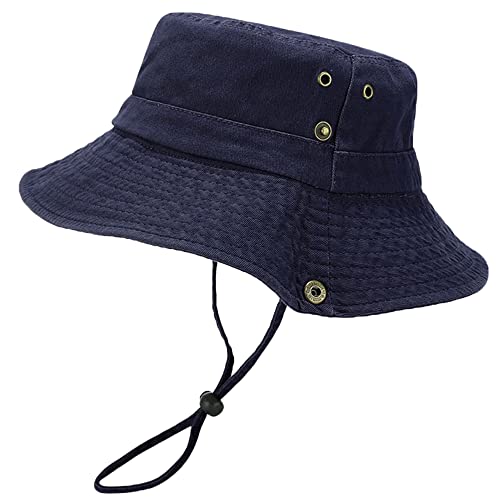 Unisex Cotton Boonie Hat Summer Fishing Bucket Hat Sun Hat with String - color: Solid Dark Blue