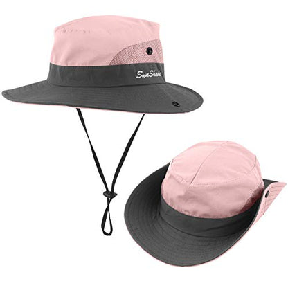 IYEBRAO Kids UV Sun Hat with Ponytail Hole UPF 50 Bucket Cap for Girls Summer Beach ＆ Fishing - color: Light Pink