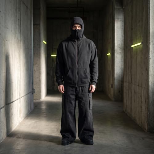 EUDOLAH Balaclava Jacket Zip Up Fashion Double Layer Hoodie Hip Hop Outerwear Jacket Y2K Clothing for Men and Women - color: Black, size: Large