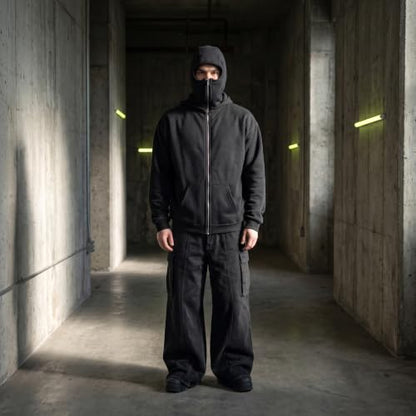 EUDOLAH Balaclava Jacket Zip Up Fashion Double Layer Hoodie Hip Hop Outerwear Jacket Y2K Clothing for Men and Women - color: Black, size: Large