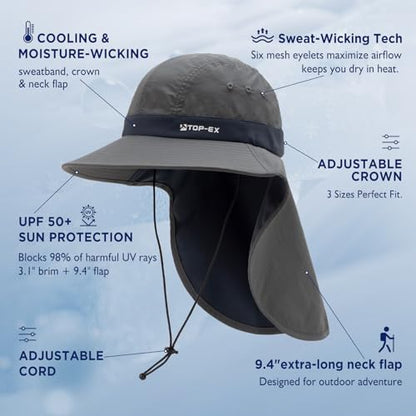 TOP-EX UPF 50+ Cooling Wide Brim Sun Hat for Men with Neck Flap, Packable - color: Dark Grey, size: X-Large-XX-Large
