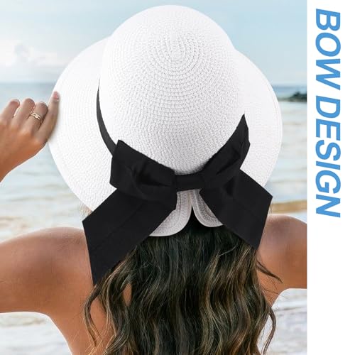 DRESHOW Sun Hats for Women Travel Fedora Foldable Beach Sun Hat Summer Wide Brim Straw Bucket Hat with Bowknot UPF 50+ - color: 1 Pack Bowknot Straw Hat: White