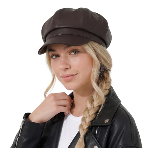 C.C Knitted Newsboy Cap for Women – Soft Knit Hat with Adjustable Velcro, Lightweight Warm Winter Style - color: Faux Leather-dk. Chocolate