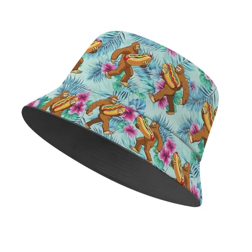 Amasnay Neon Bucket Hat Cotton Double-Side-Wear Reversible Sun Hat for Women Men, Summer Vacation Travel Beach Fisherman Hat - color: Bigfoot Hotdog Print