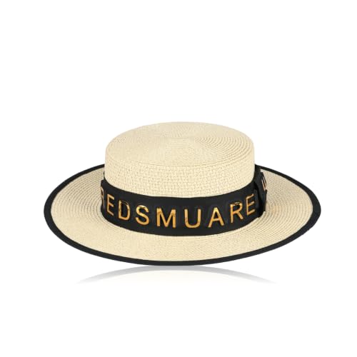 2026 New Viral Influencer Letter Band Boater Straw Sun Hat for Women Wide Brim UV Protection Beach Vacation Essentials - color: Beige
