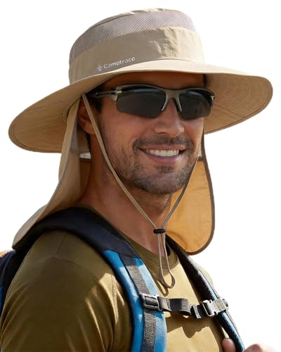 Camptrace Wide Brim Men Sun Hat with Neck Flap UPF Fishing Hiking Gardening - color: Khaki