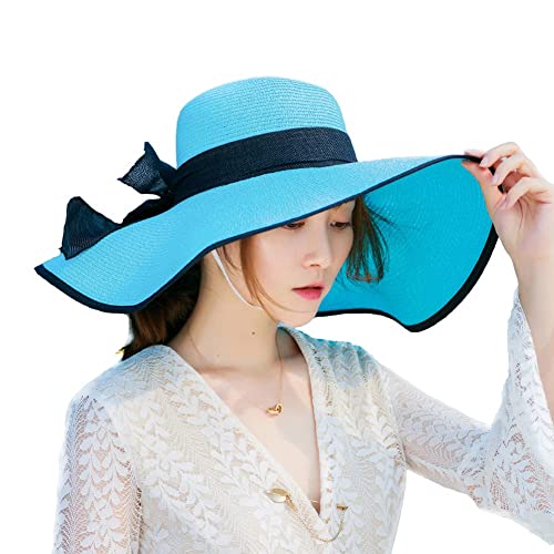 FSIGOM Women's Folable Floppy Hat,Wide Brim Sun Protection Straw Hat, Summer UV Protection Beach Cap - color: C1-e-blue, size: Large