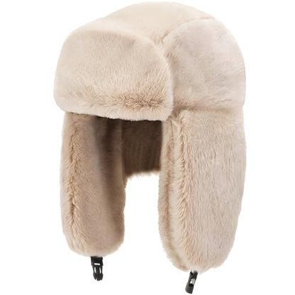 Cozy Plush Winter Hats Men Women Trapper Trooper Hat with Earflaps Windproof Russian Ushanka Hats Outdoor Skiing Cap - color: Beige