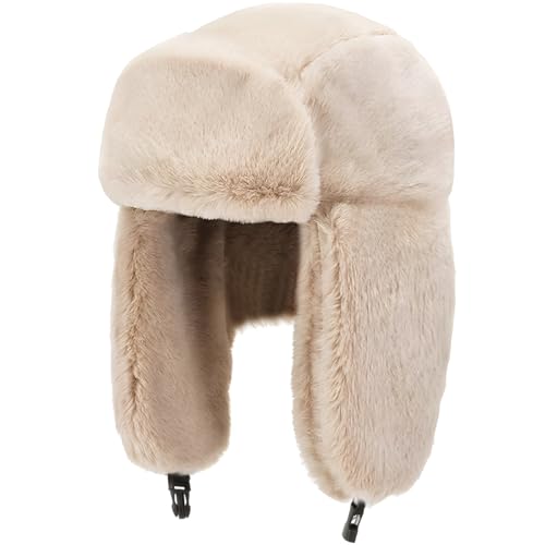 Cozy Plush Winter Hats Men Women Trapper Trooper Hat with Earflaps Windproof Russian Ushanka Hats Outdoor Skiing Cap - color: Beige