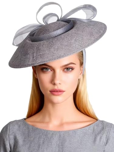 Wide Brim Church Hat for Women - Elegant Kentucky Fascinator with Bow Mesh,Bridal Wedding Tea Party Derby Formal Top Hats - color: Gray