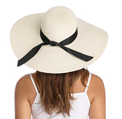Lanzom Womens Wide Brim Straw Hat Big Floppy Foldable Roll up Cap Beach Sun Hat UPF 50+ - color: Bowknot-ivory White