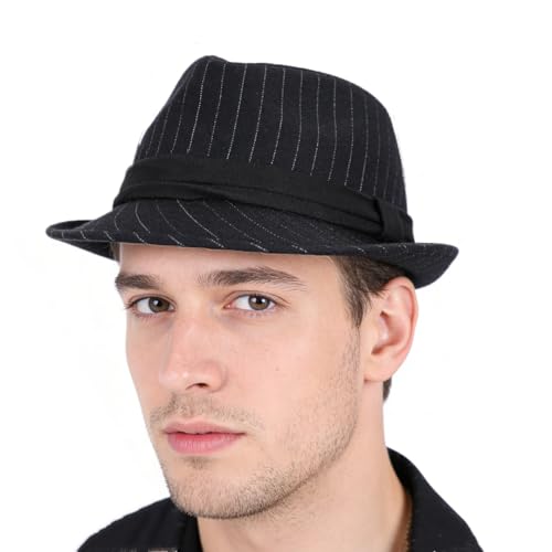 Fedora Hat Men Felt Panama Jazz Hat Women Classic Manhattan Structured Trilby Hat Short Brim Vintage Fedora Hat Band - color: Black-stripes