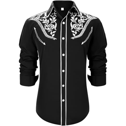 Western Shirts for Men Cowboy Shirts Long Sleeve Embroidered Country Shirt Slim Fit Button Down Shirt Casual Work - color: Black, size: X-Large