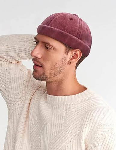 Initlove Docker Hat for Men Vintage Brimless Sailor Hat Beanie Cap - color: Navy + Wine Red