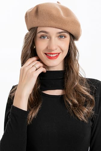 ZLYC Wool French Beret Hat Solid Color Classic Artist Cap for Women - color: Camel