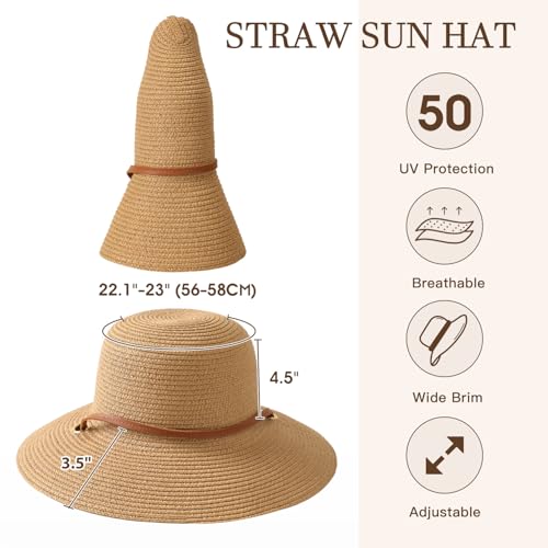 Beach Hat for Women, Wide Brim Sun Straw, UPF 50+ Foldable Floppy Sun Hat - color: B-10.5cm,khaki