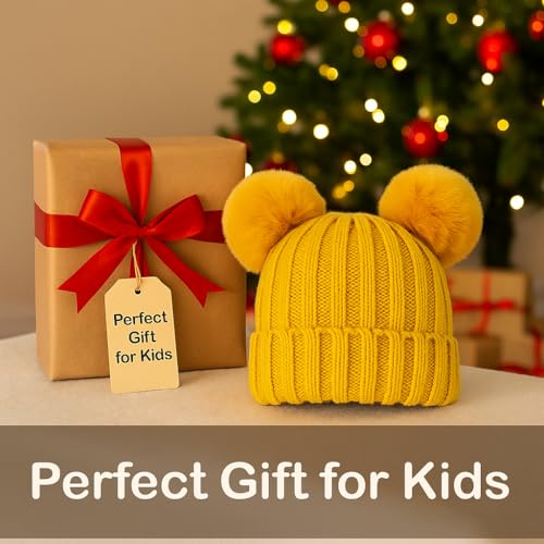 Toddler Winter Knit Hat Upgrade Fleece Lined Pompom Ears Beanies Cap for Boys Girls 3-12 Years - color: 01 Yellow