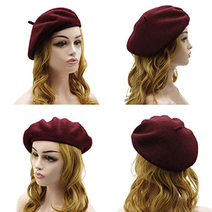 Wheebo Wool Beret Hat,Solid Color French Style Winter Warm Cap for Women Girls Lady - color: Burgundy