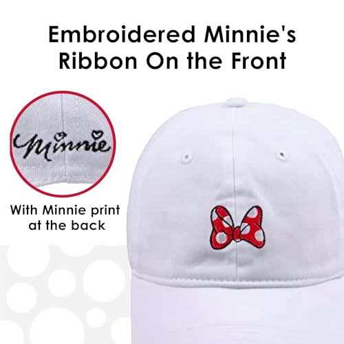 Disney Minnie Mouse Dad Hat, Cotton Adjustable Baseball Cap with Curved Brim - color: White/Red Bow