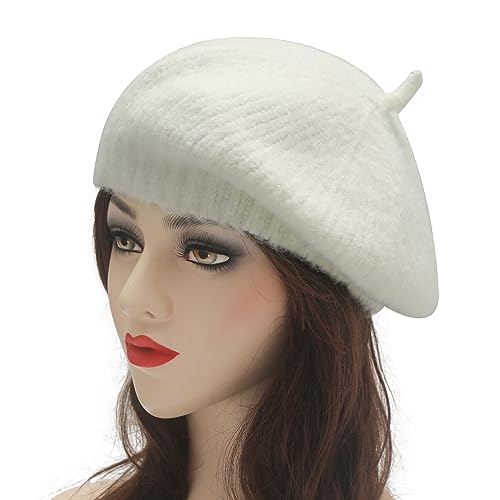 ZLYC Women French Beret Hat Winter Knitted Stretchable Beret Artist Cap - color: Plain White