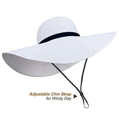 Women Wide Brim Sun Hat UPF50 Straw Summer Hat Floppy Beach Hat Roll-Up - color: Tie White
