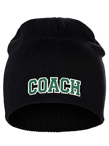 I&W Sports Team Coach Arch Letters Winter Knit Cuffless Beanie 3D Raised Layers - color: Black Beanie White Green