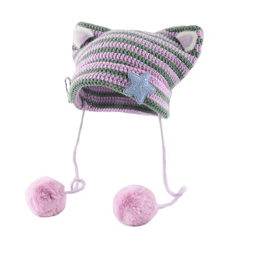 Women Kawaii Cat Ear Beanie Hat with Star Pom Poms Y2K Cute Crochet Goth Grunge Emo Alt Accessories Knit Slouchy Hat - color: Purple Green